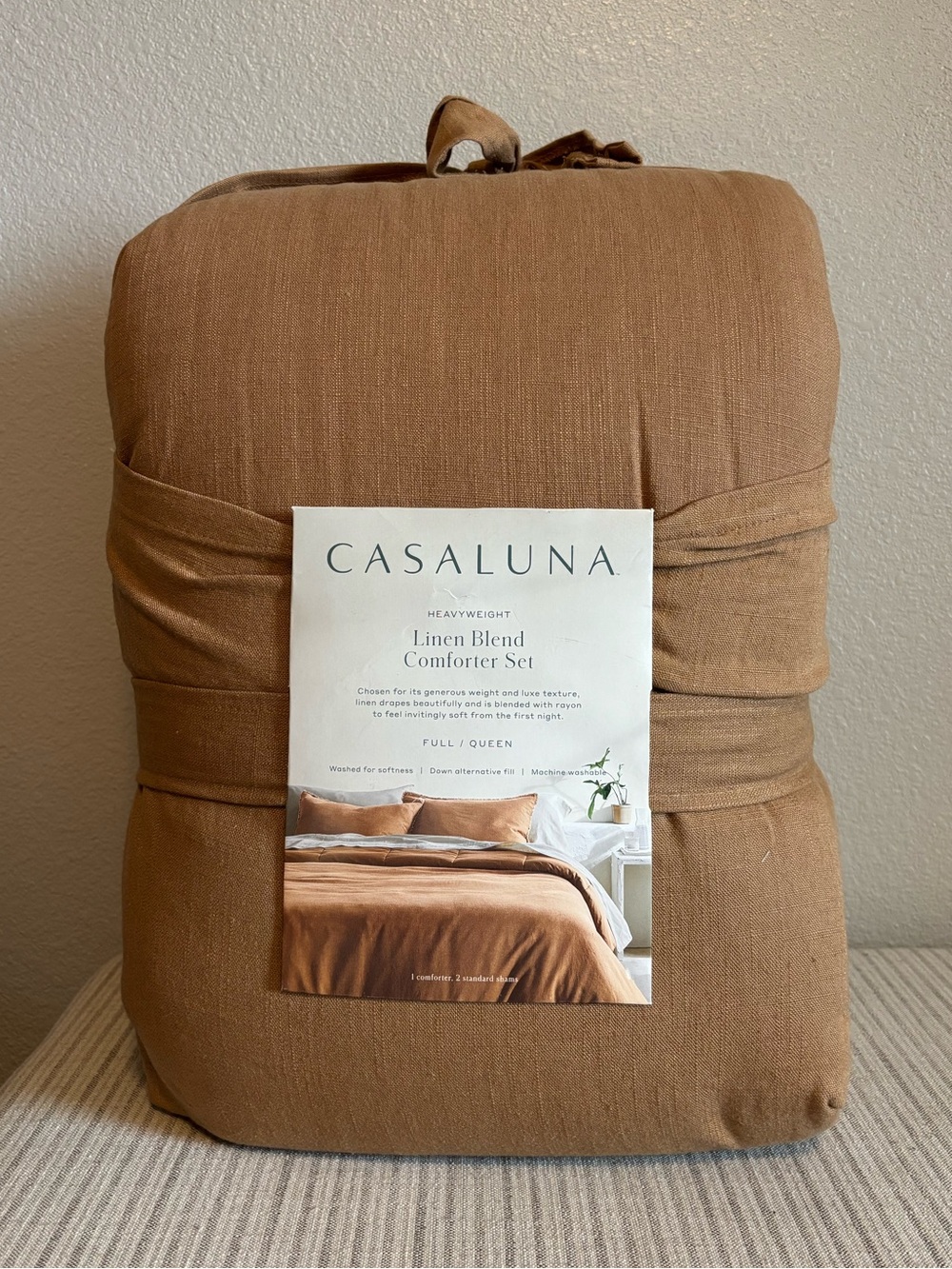 NWT Full/Queen Heavyweight Linen Blend Comforter & Sham Set Warm Brown Casaluna